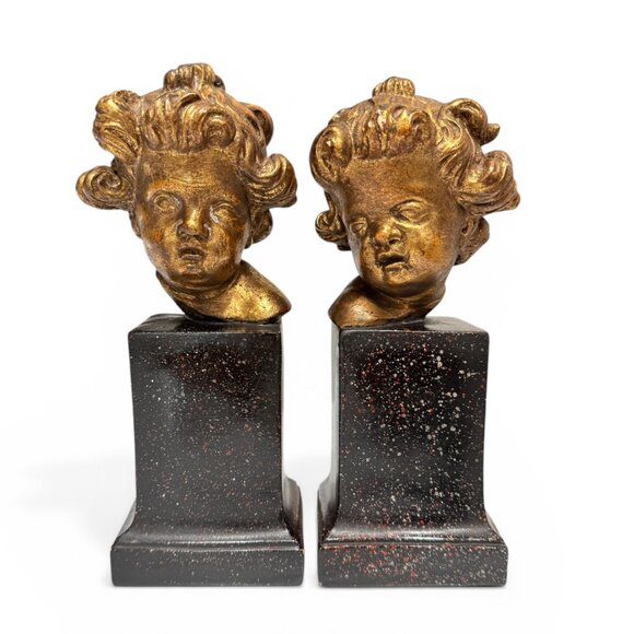 Vintage Other - Vintage Borghese Italian Cherub Putti Bookends, Gilt Chalkware Faux Marble Base
